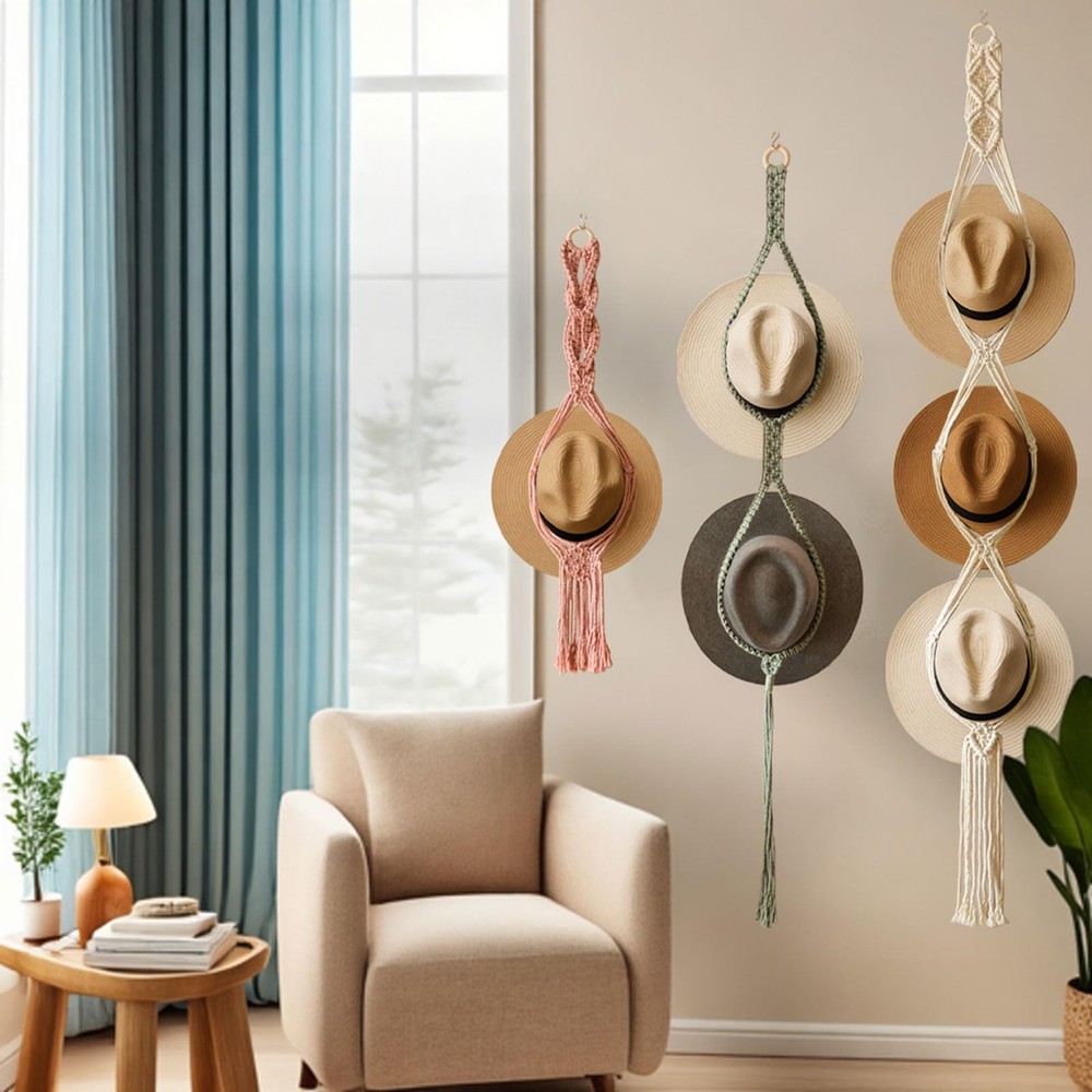 Boho Hat Organizer Rack, Macrame Hat Hanger, Handmade Hat Holder for Wall Han...