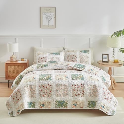 Patchwork Quilt Set Queen Full Size 88x88 3 PC Queen 90x90 Patchwork Green