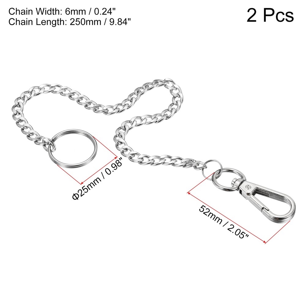 2pcs 10" Flat Key Chain with Keyring Clasp Stainless Steel Loop, Silver