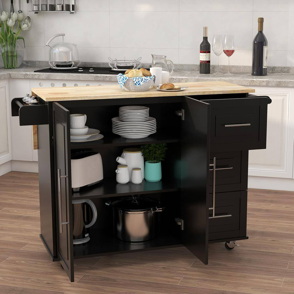 Black Kitchen Island with Spice Rack Towel Rack and Extendable Solid Wood Tablet