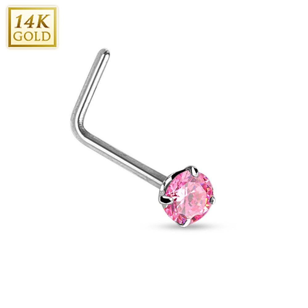 14K Solid White Gold Prong CZ L Bend Nose Stud Ring 20g 1/4"