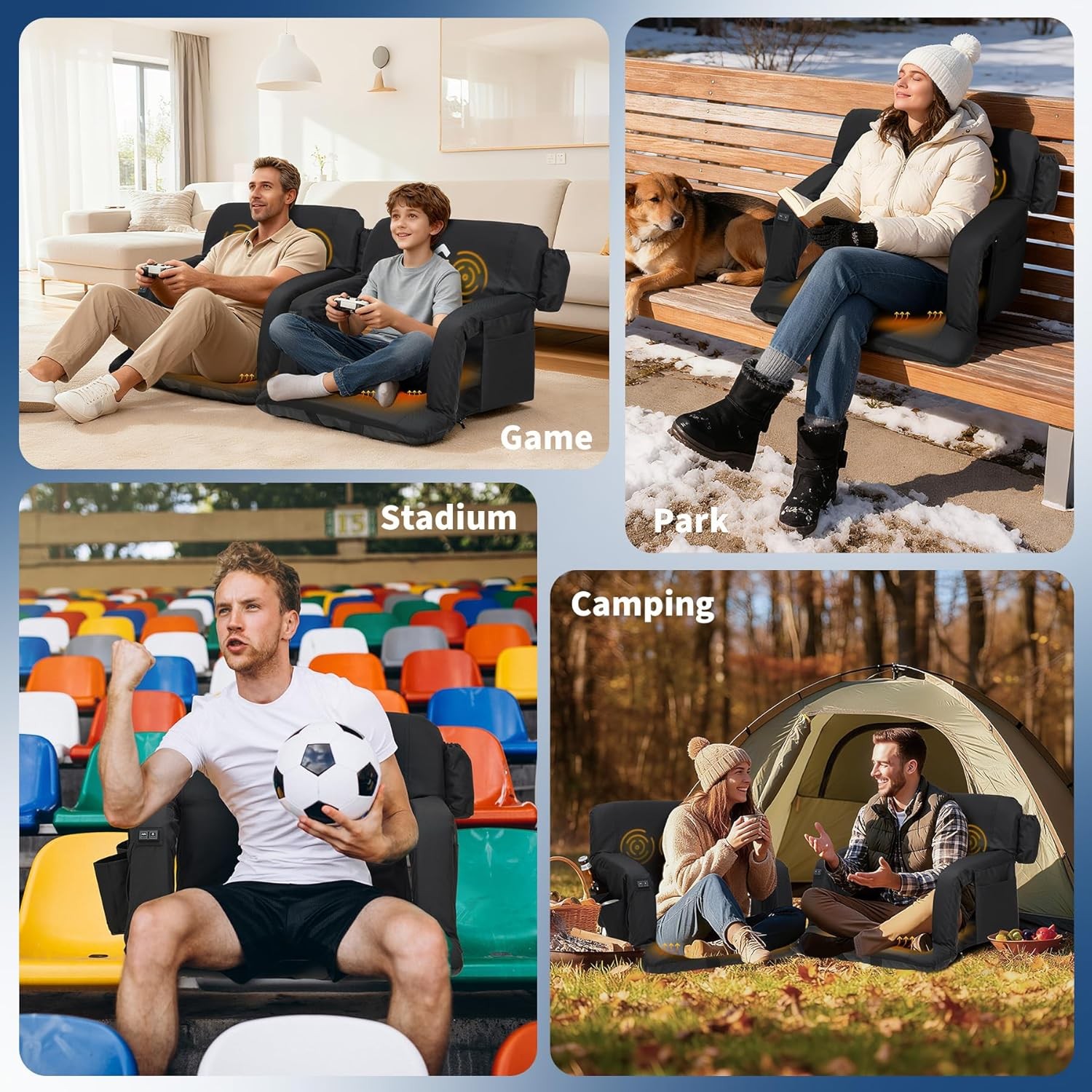 2 Pack Heated Massage Stadium Seats for Bleachers w/Back Support & Wide Cushion