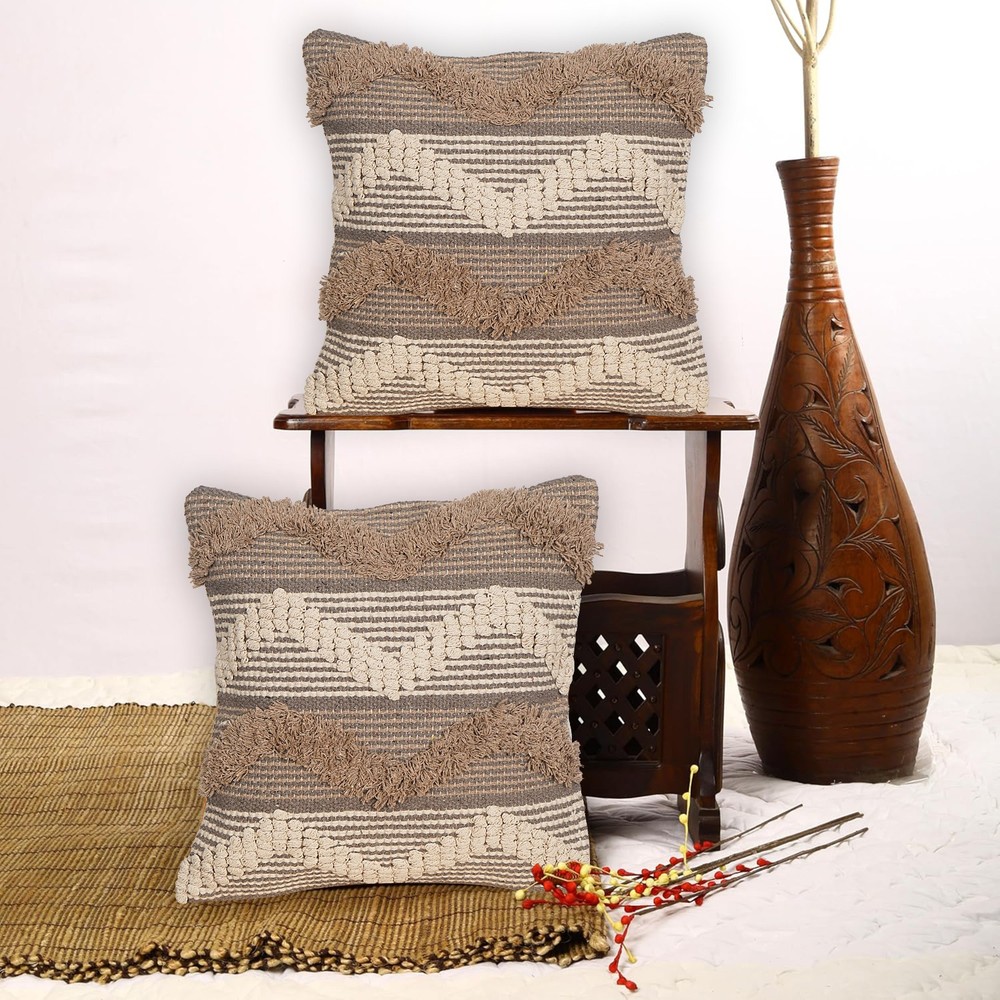 "18x18" Tufted Decorative Pillow Covers Boho Woven Texture Cushion Cases Throw