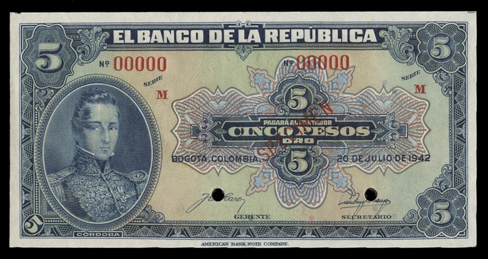Colombia P386bsv1, Specimen Banknote.