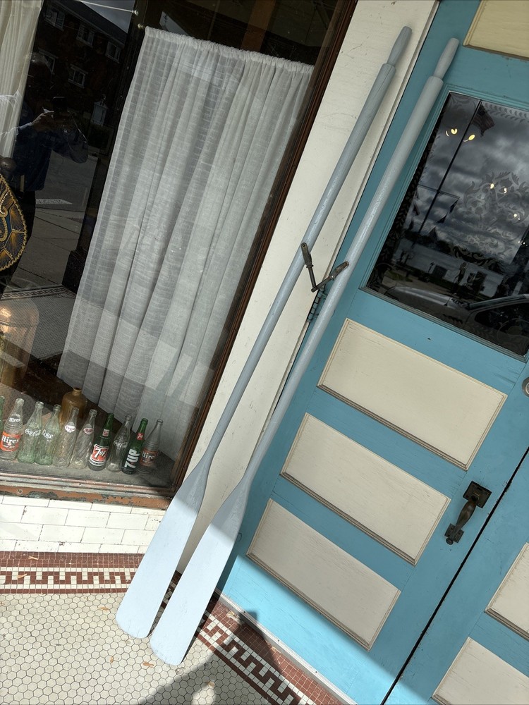 Antique Rowboat Oars Solid Ash Painted Gray 84” With Oar Locks