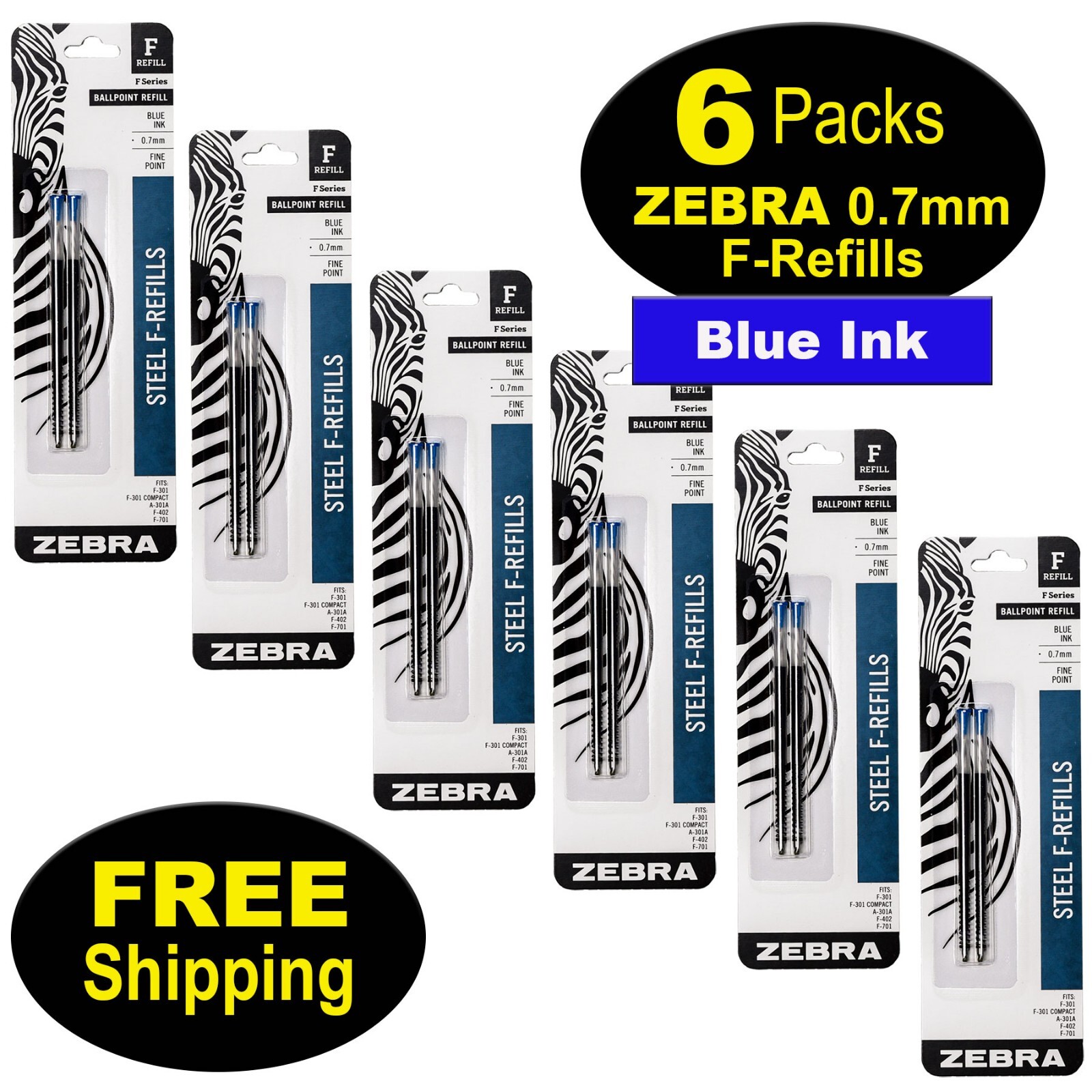 6 Packs 85522, Zebra F-Refills 0.7mm Blue Ink For F-301 Series, F-402, F701
