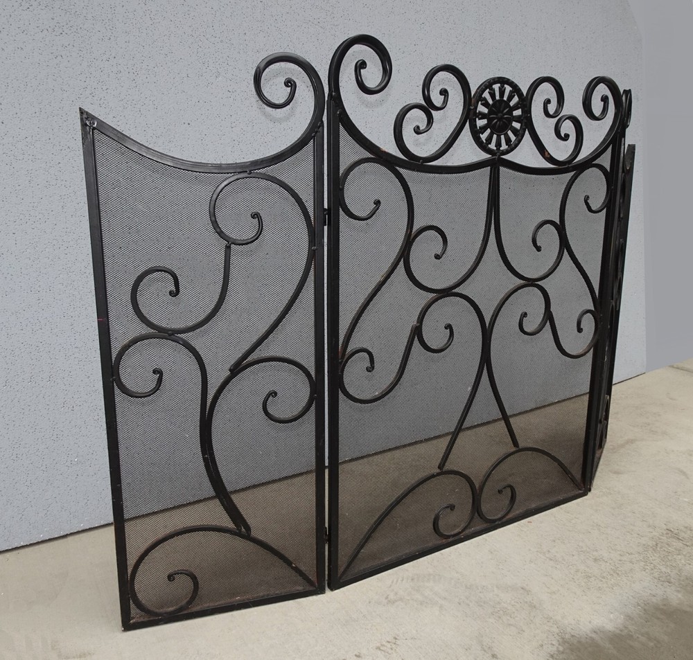 Vintage Tri-Fold Three Panel Black Metal Fireplace Screen
