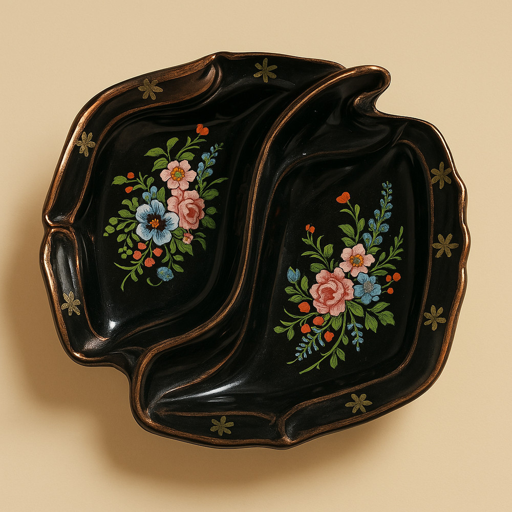 Divided Pottery Dish Handle Flowers Embossed 8 1/2"
