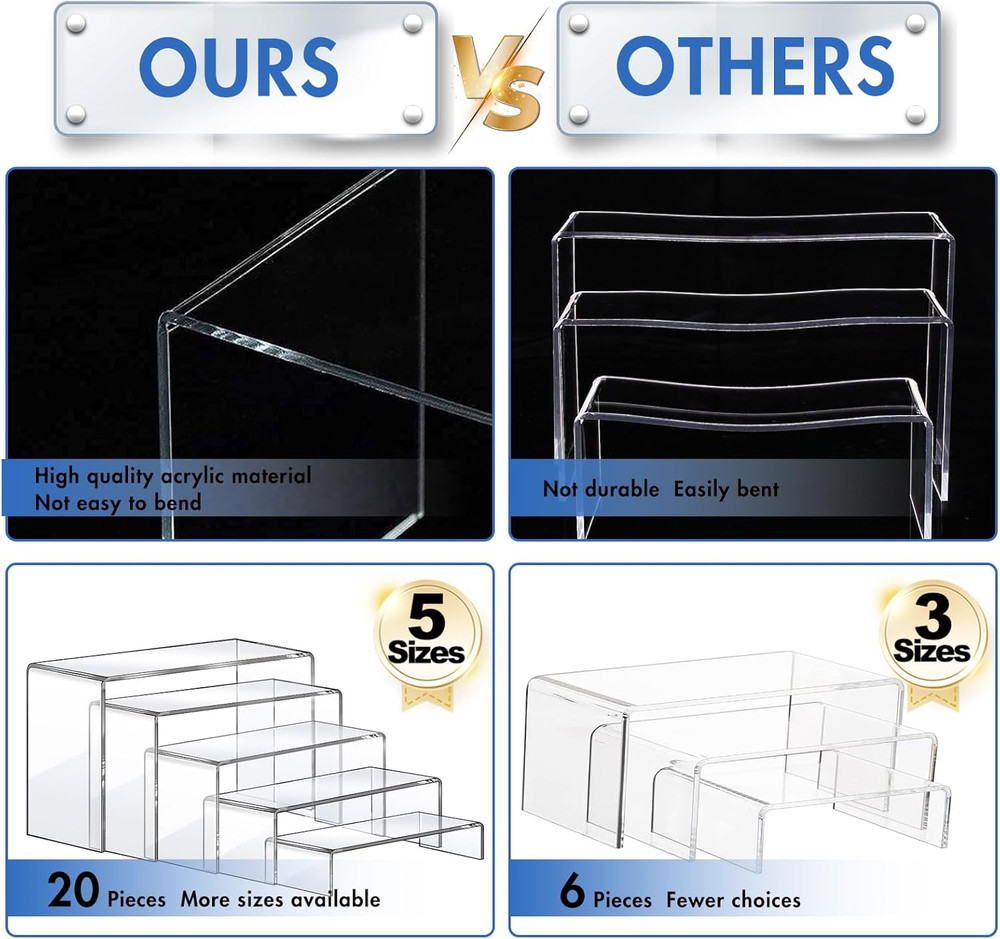 Acrylic Risers, 20 Pcs 4 Set Display Stands, Clear Rectangular Risers for Decor,