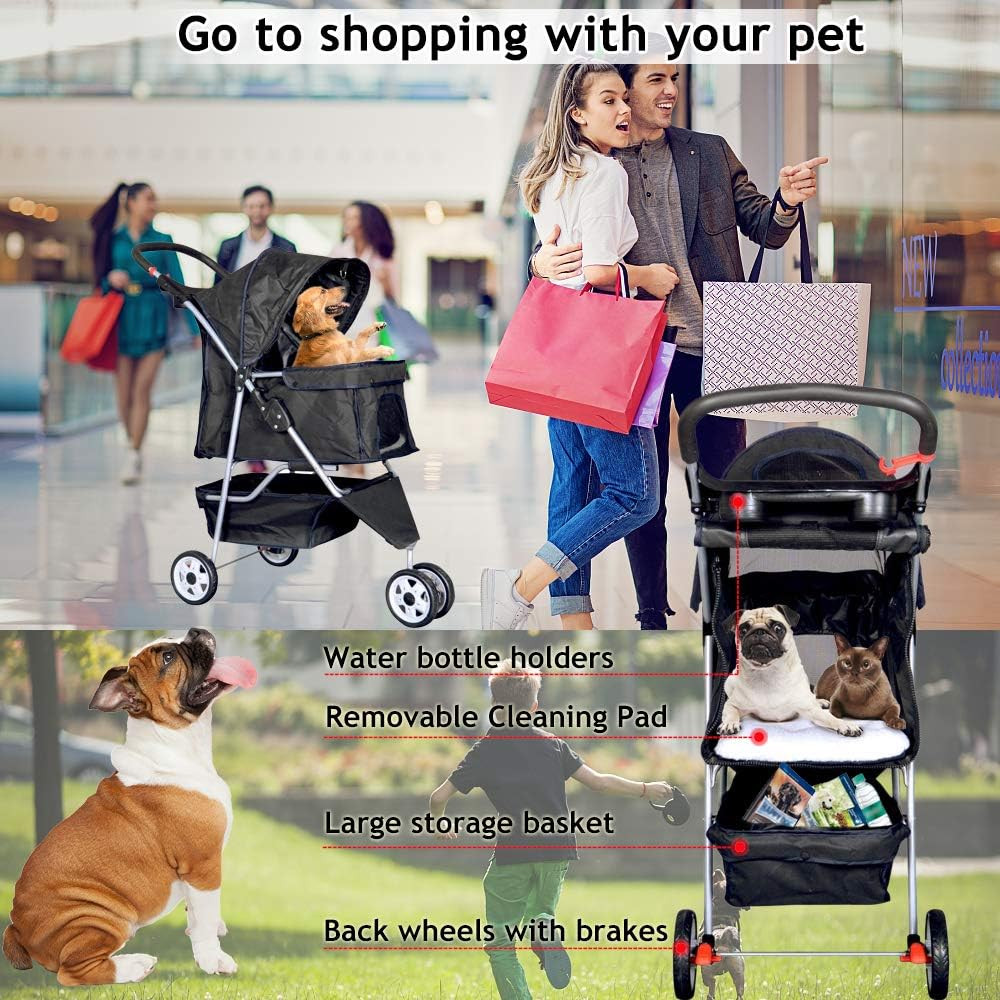 3-Wheel Pet Stroller, Lightweight Foldable Dog Stroller for Small Medium Dogs &