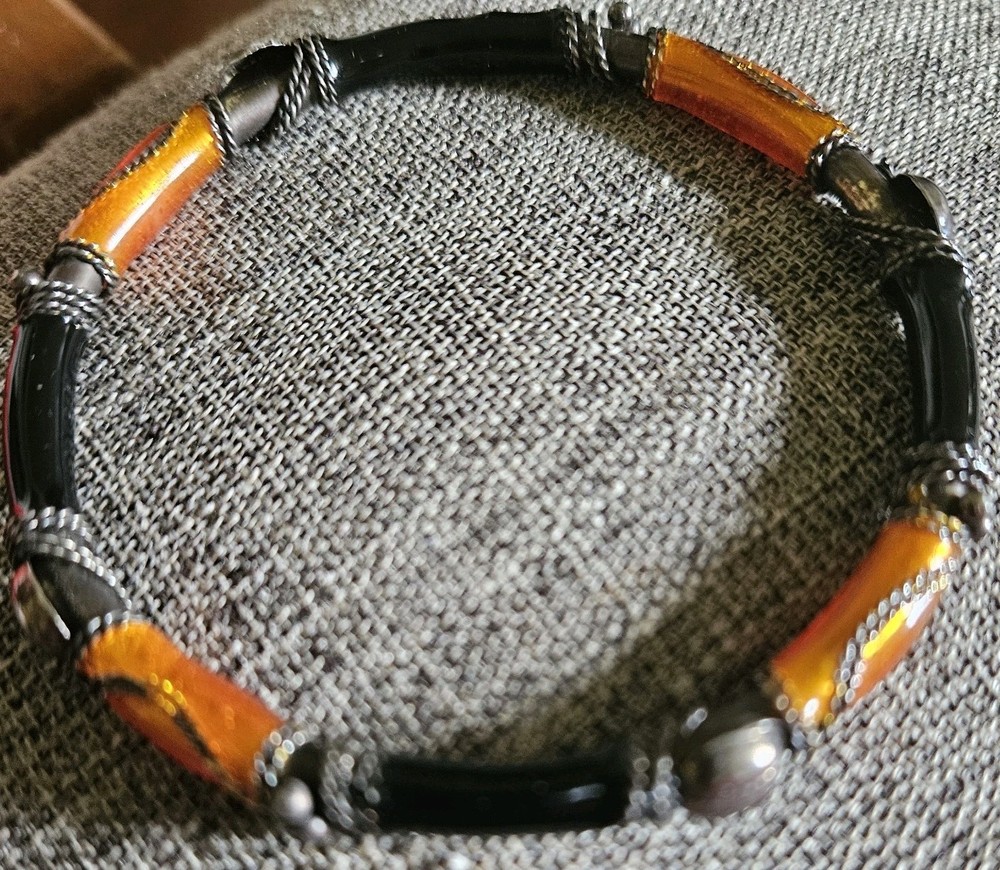Bangle Bracelet Orange & Black Tiny Chain Wrap Vintage