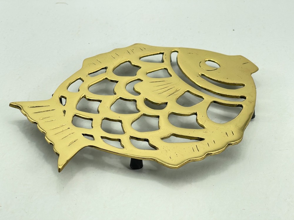 Solid Brass Fish Shaped Trivet Koi Goldfish 8" x 6" Footed Hot Plate