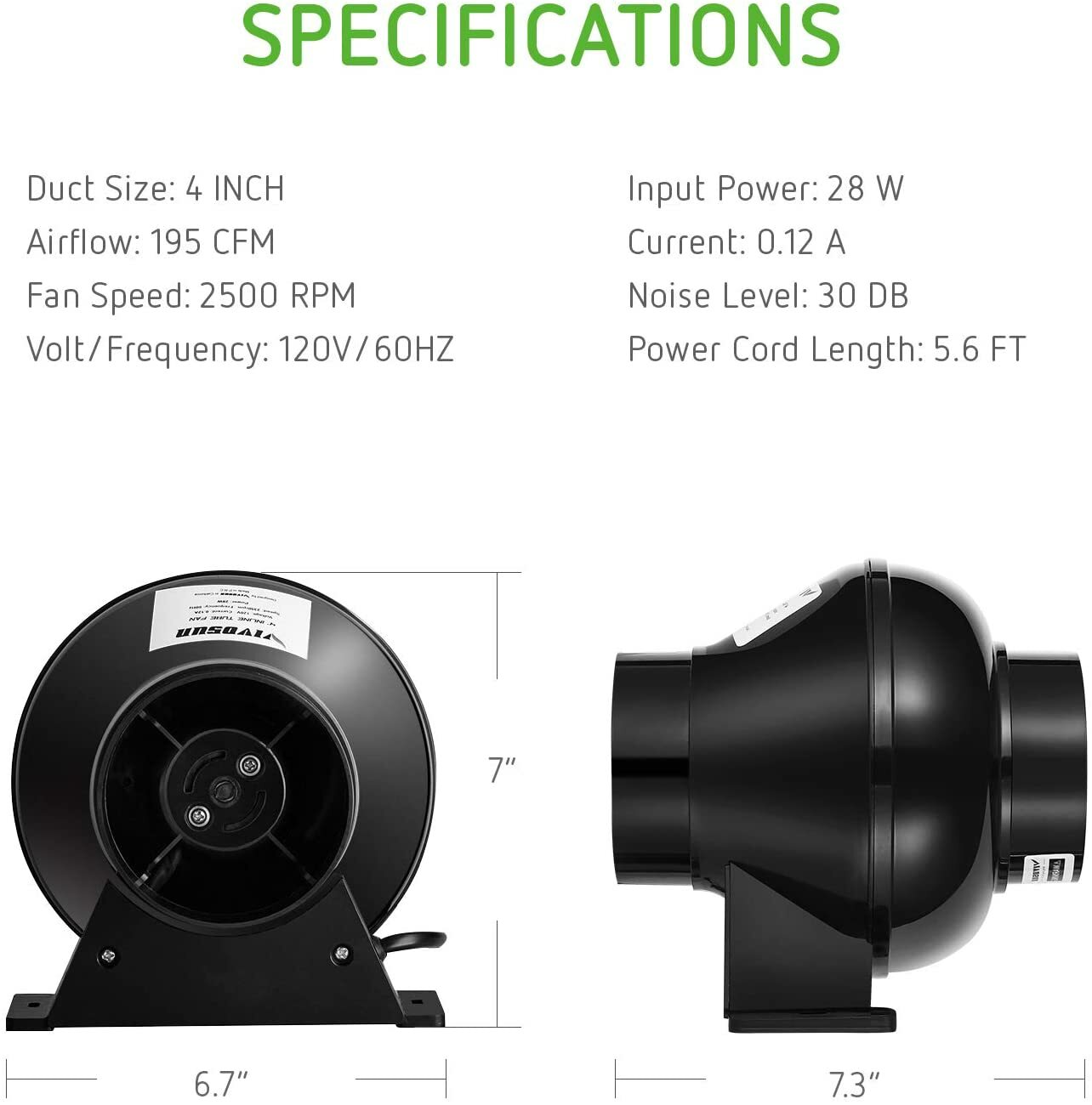 Vivosun 4" 195CFM Inline Duct Ventilation Fan Vent Blower 2500RPM
