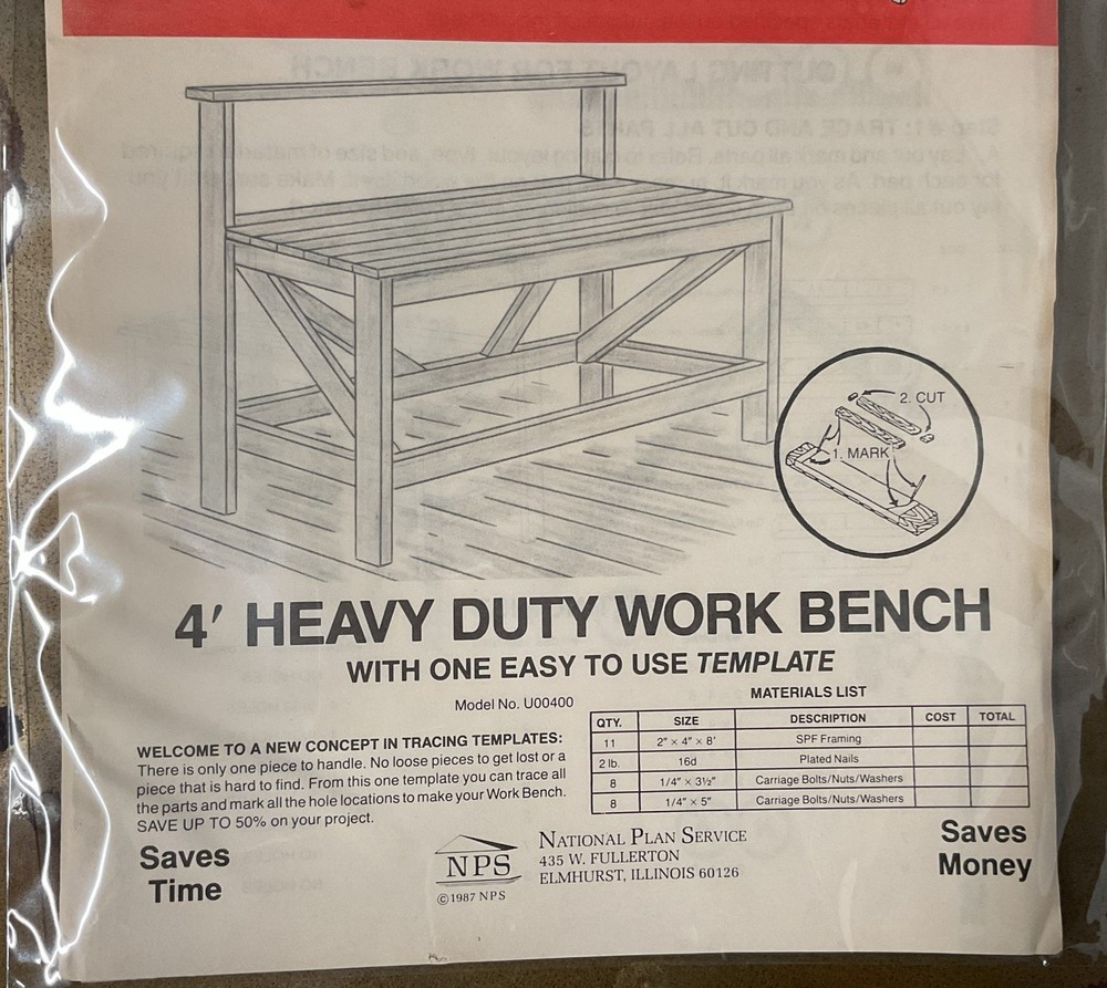 UCANDO U00400 4’ Work Bench Plans Rebagged With Material List NOS W/Templete