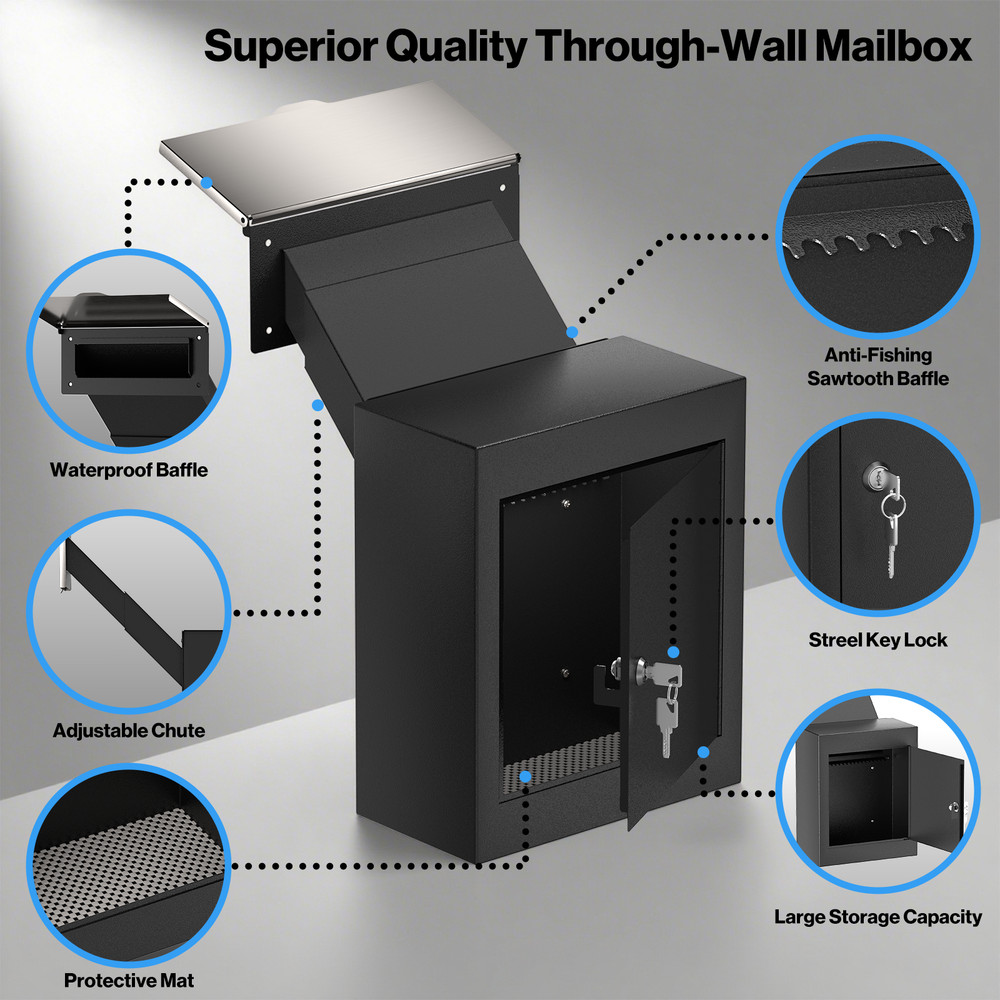 Through The Wall Key Drop Box with Adjustable Chute, Locking Rainproof Mailbox