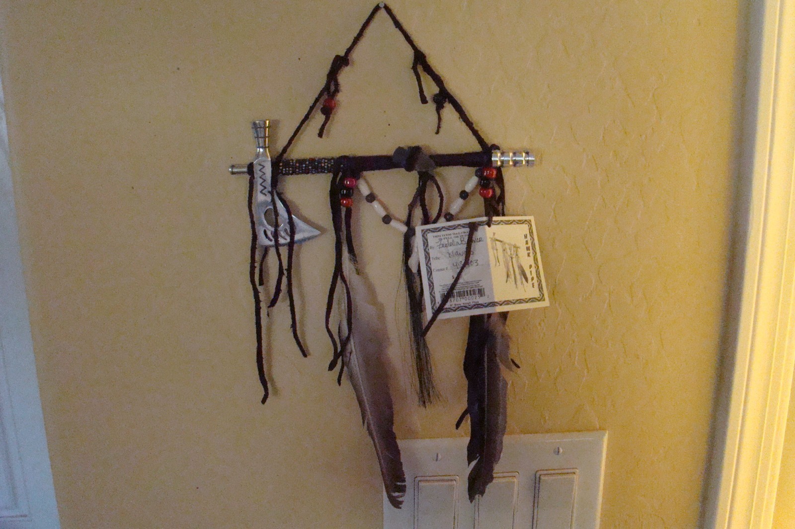 1-ONE Navajo Peace pipe 8" Long w/2 six" feathers, different color beads Works!!