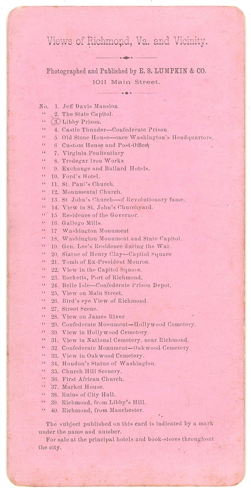 VIRGINIA SV - Richmond - Libby Prison - ES Lumpkin 1870s