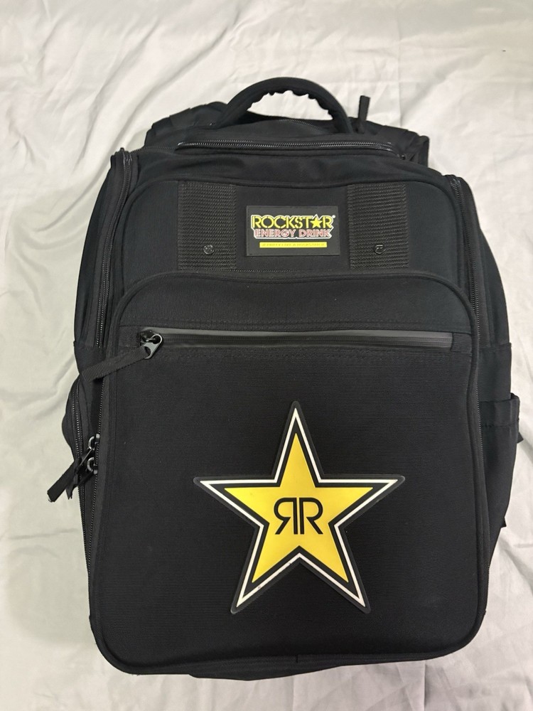 Rockstar Energy Drink Black Backpack Bag 9 Compartments School Work Causal