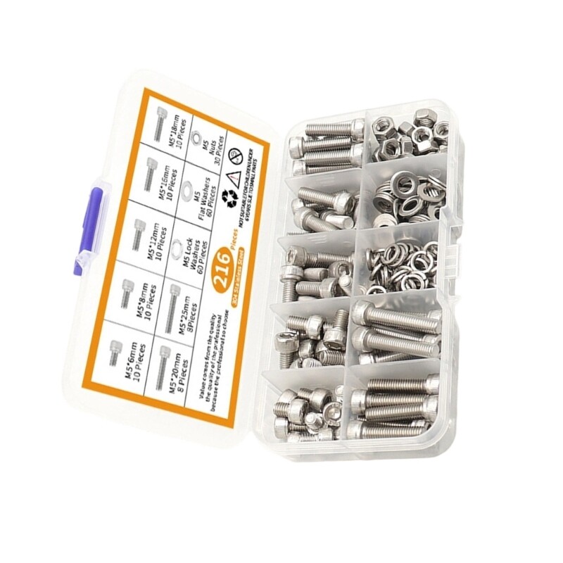 216Pcs Hexagon Socket Head Caps Screw with Flat & Lock Washers Enduring