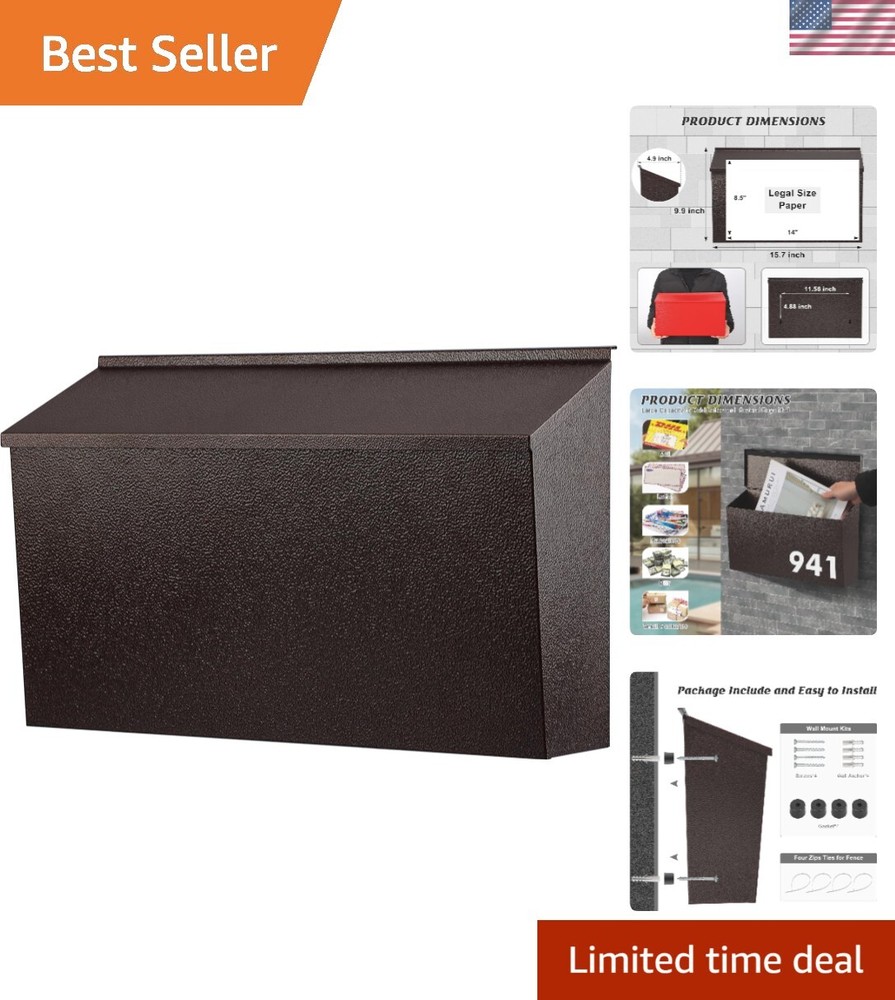 Elegant Wall-Mount Mailbox in Bronze, Durable Rust-Proof Galvanized Steel