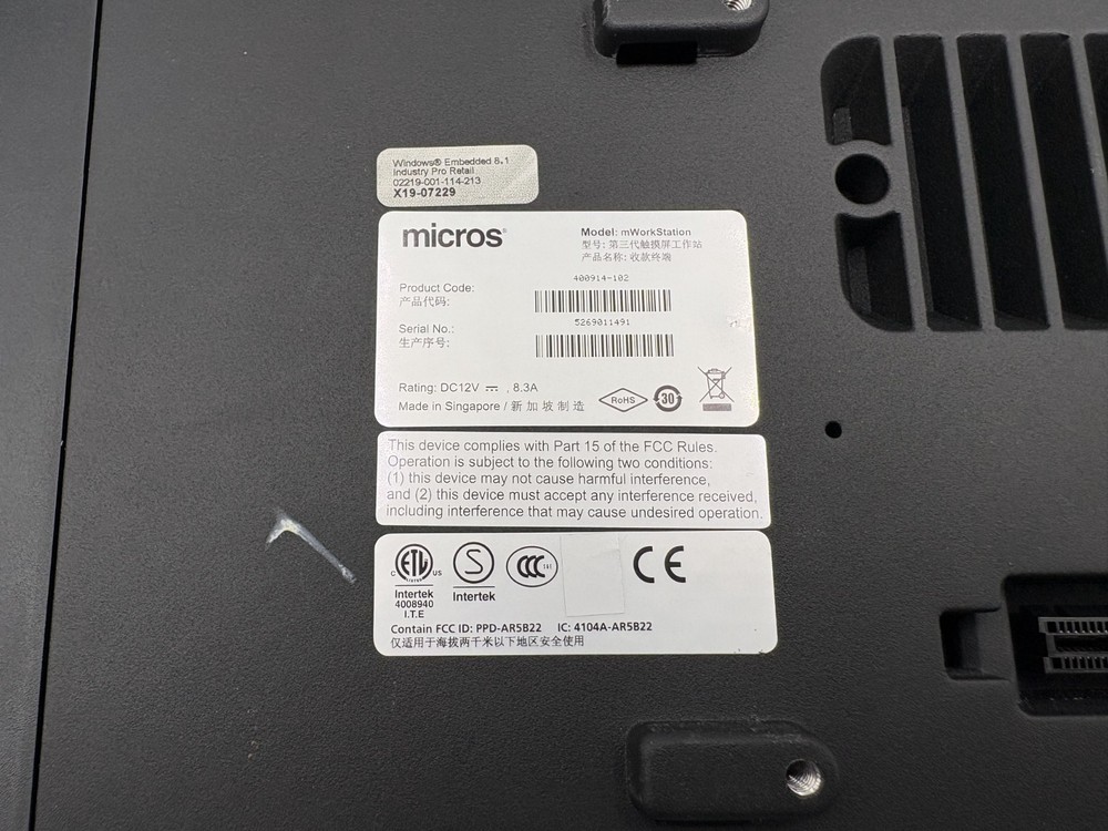 Micros Oracle mWorkstation Intel Atom E3827 15.6" POS Tablet Computer Win 8.1 :A