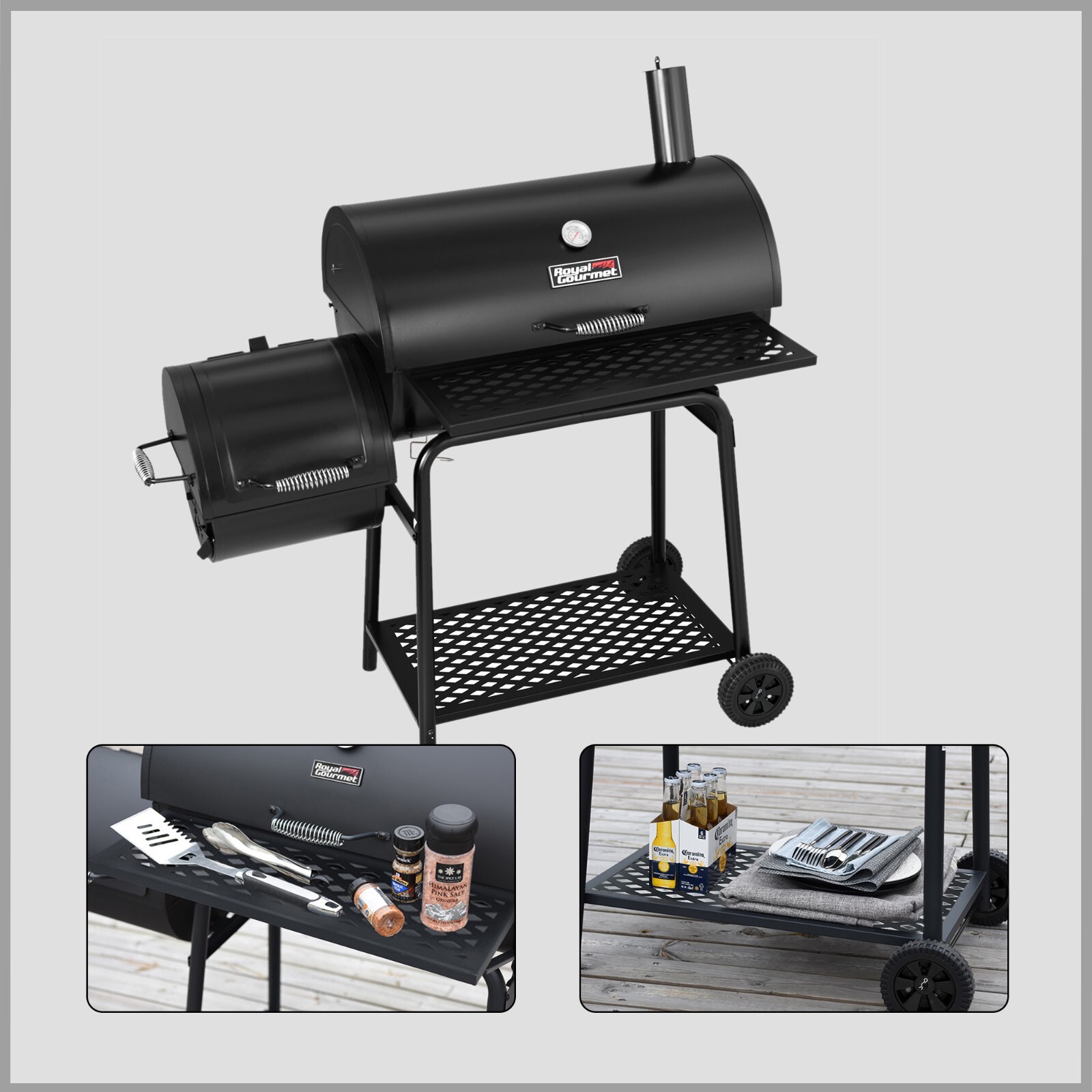 Royal Gourmet 811 Square Inches Barrel Charcoal Grill with Offset Smoker, Black