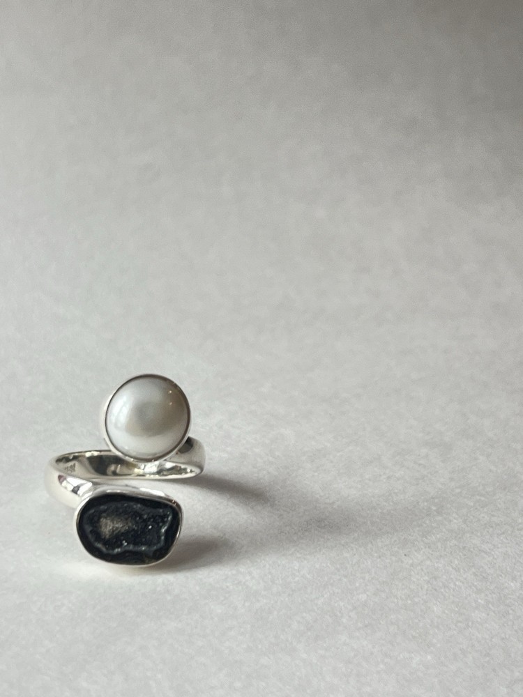 Pearl & Geode Adjustable Ring 925 Sterling Silver Size 7