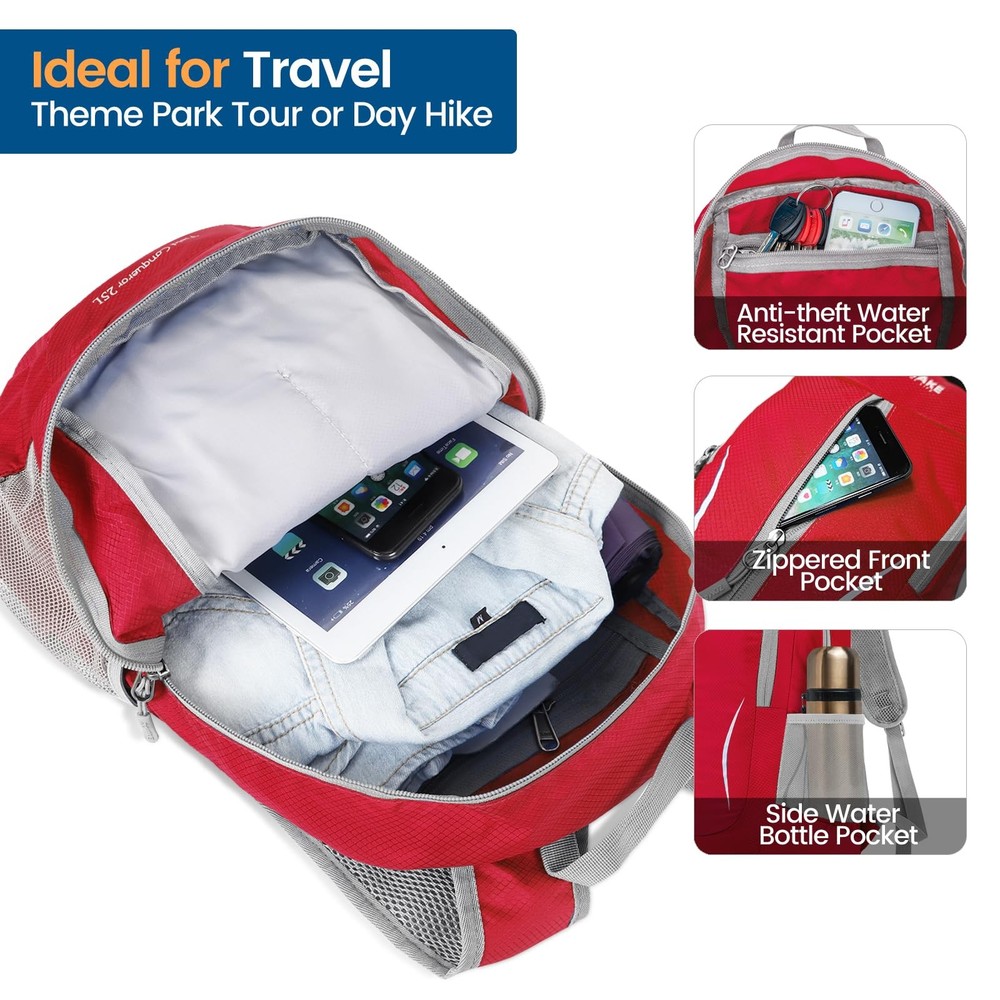 25L Red Ultra Lightweight Packable Backpack Foldable Water Resistant Hiking