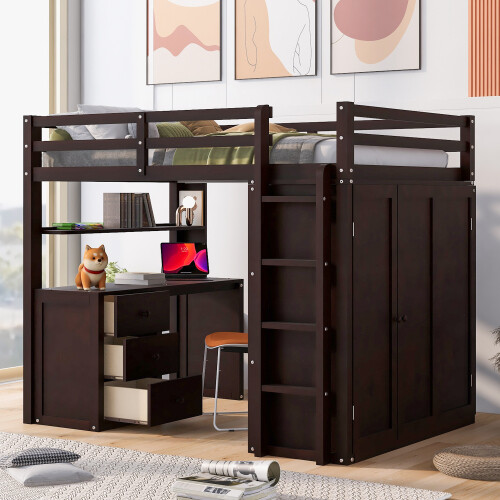 Twin Full Size Loft Bed with Desk Wardrobe Storage Cabinet Solid Wood Bed Frames