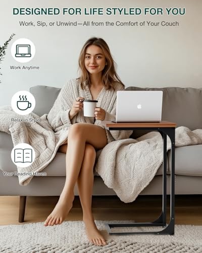 C-Shaped Side Table for Couch - 2-Pack Rustic Walnut Without Power Outlets