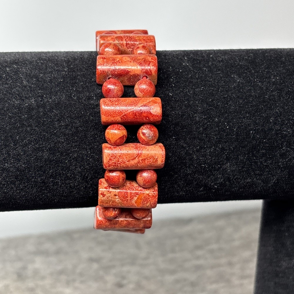 Vintage Red Jasper Round and Rectangular Bead Stretch BRACELET