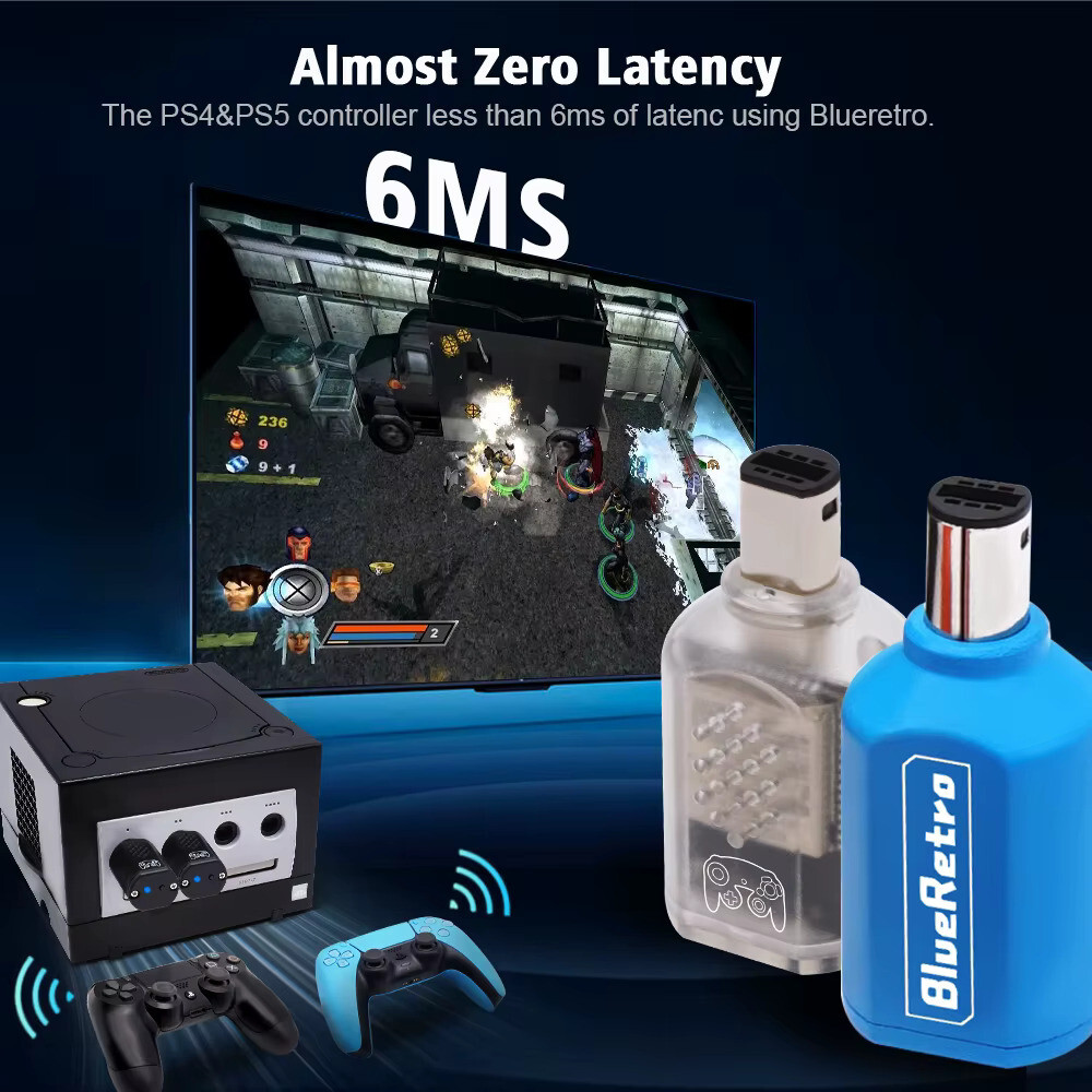 Wireless Bluetooth Receiver - Nintendo Gamecube -(Transparent Black) Blue Retro