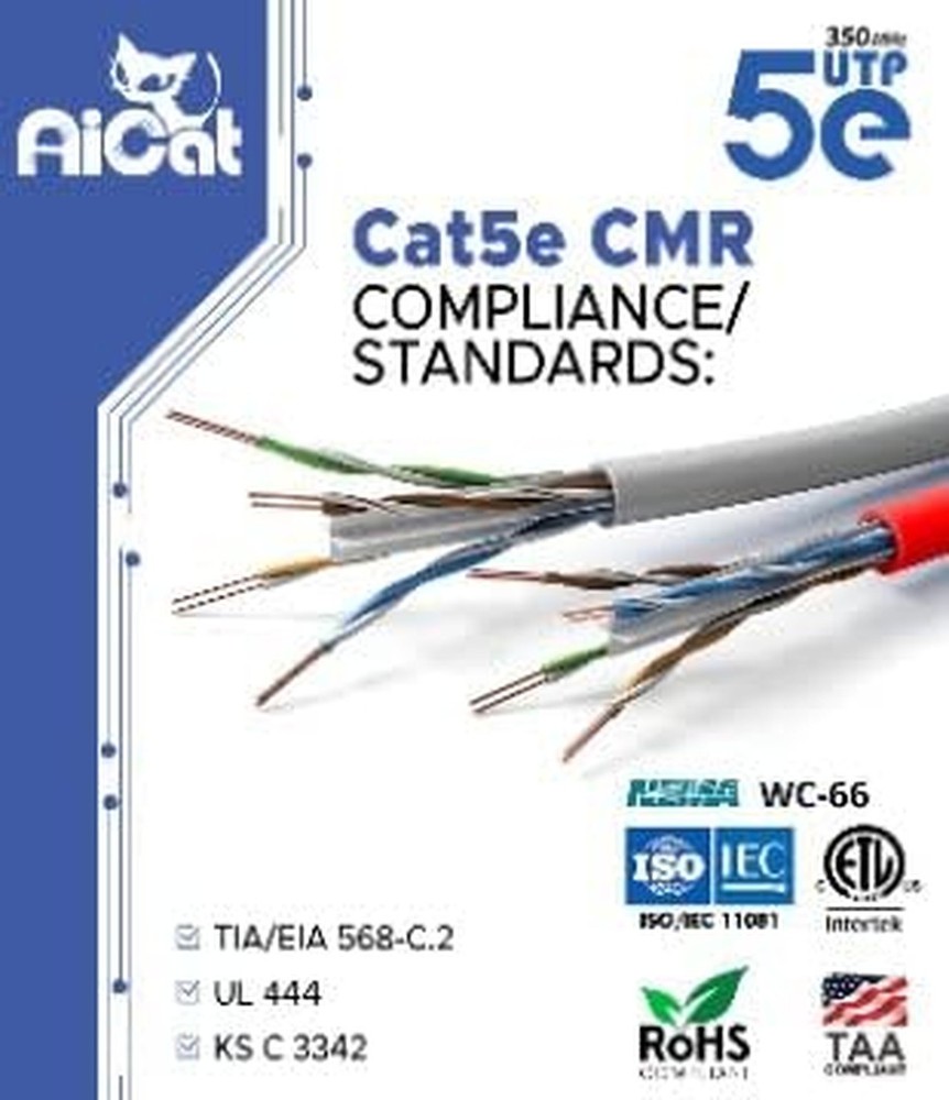 AiCat Cat 5e Ethernet Cable 1000ft Riser CMR - Insulated Solid Bare Copper Wi...