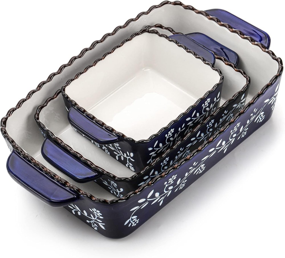 AVLA 3 Pack Ceramic Bakeware Set Porcelain Rectangular Baking Cobalt Blue