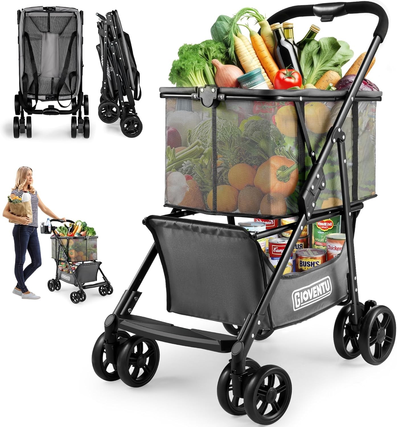 80lbs Multi Use Grocery Carts with 360° Wheels & Removable Bag One-Click Folding