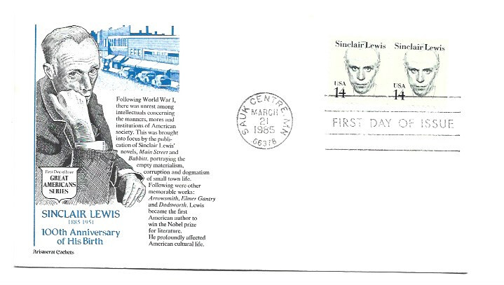 1856 14c Sinclair Lewis Aristocrat Cachets FDC