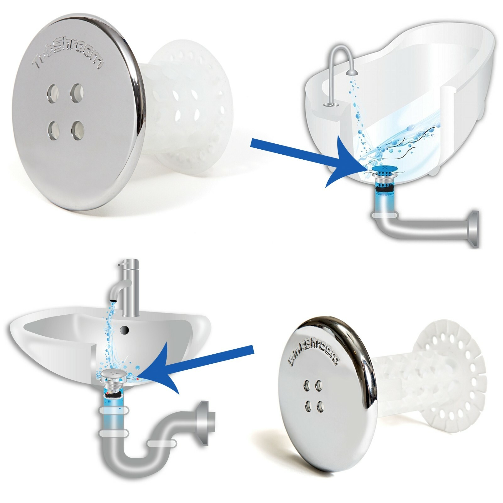 TubShroom & SinkShroom Chrome Combo Pack Hair Catchers Strainers Drain Protector