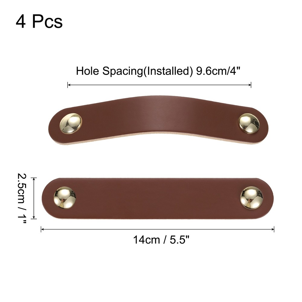 4 Packs Leather Drawer Pulls Double Hole Knobs, Brown/Gold(Hole Spacing:96mm)