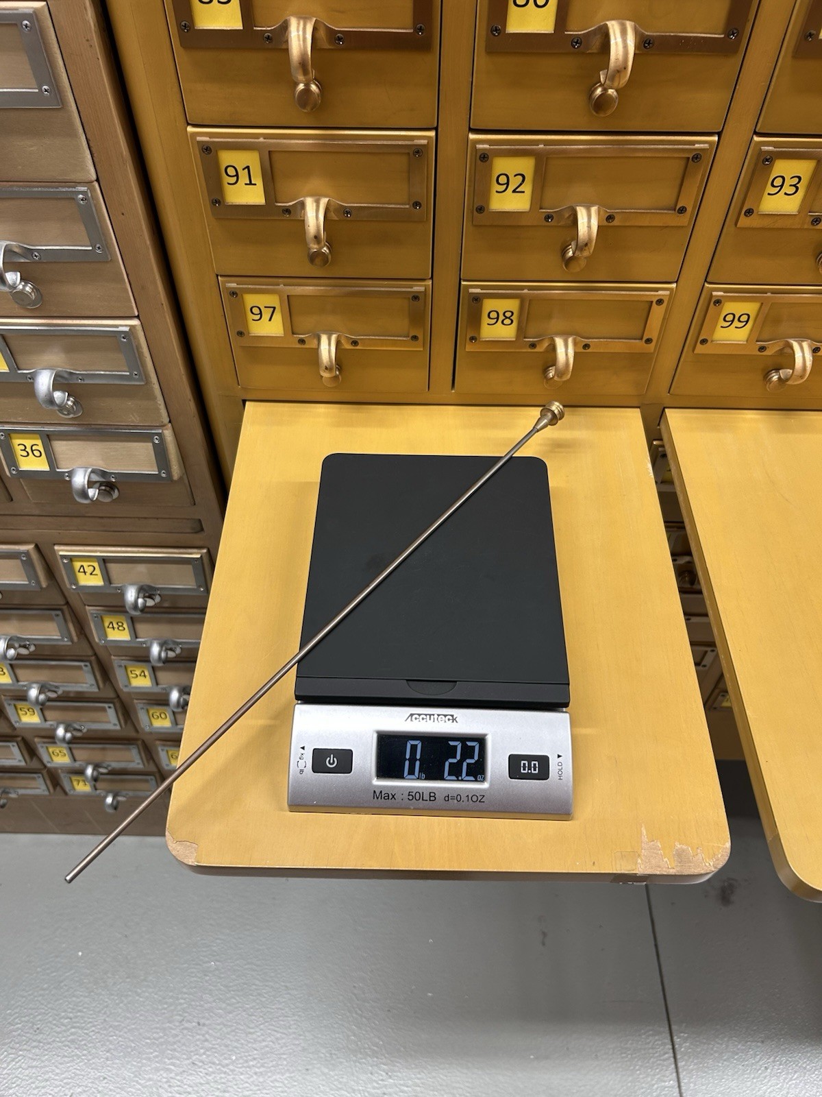 QTY 1 ANTIQUE CARD CATALOG SKEWER ROD WITH BRONZE KNOB AND BRONZE PLATED ROD