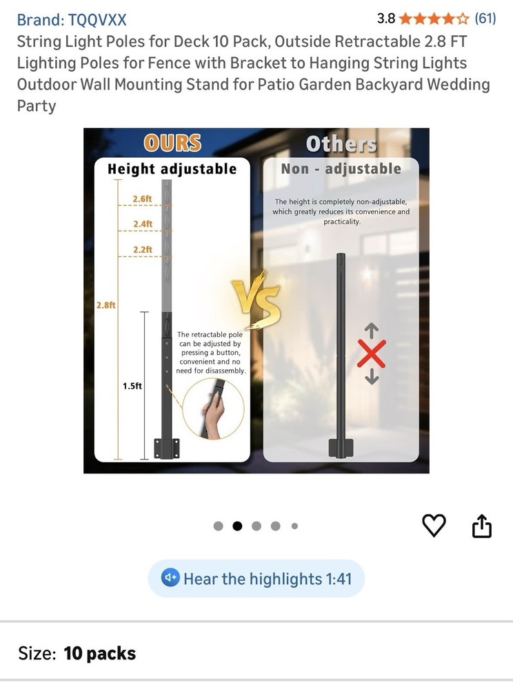 String Light Poles for Deck 10 Pack Outside Retractable 2.8 FT 10 packs