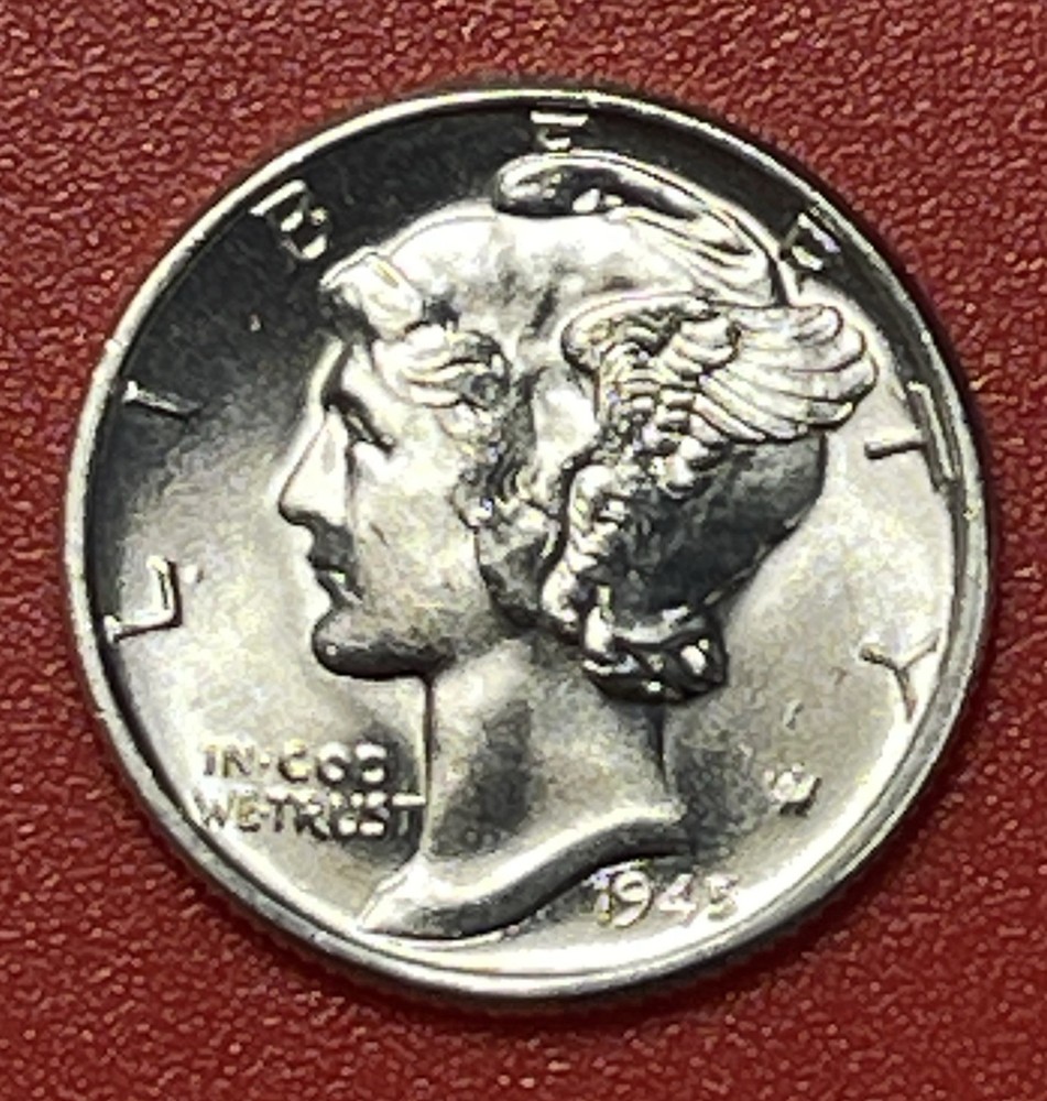 1945 P Mercury Silver Dime, Gem Uncirculated.