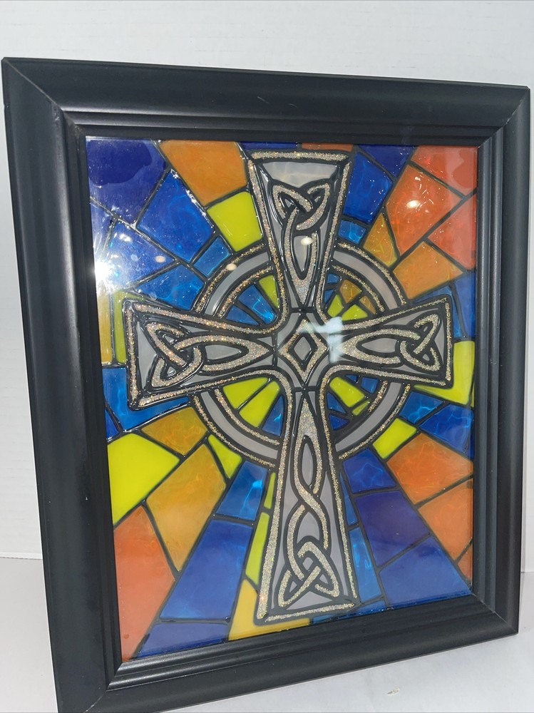 Celtic Cross Stained Glass Window Panel Rectangular Mid-Century Framed 10x12”