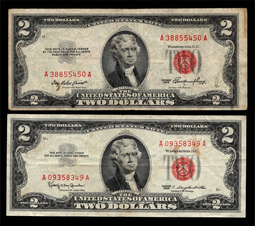 US - $2.00 Pair - 1953 & 1963 Notes (Red Seals) Circulated