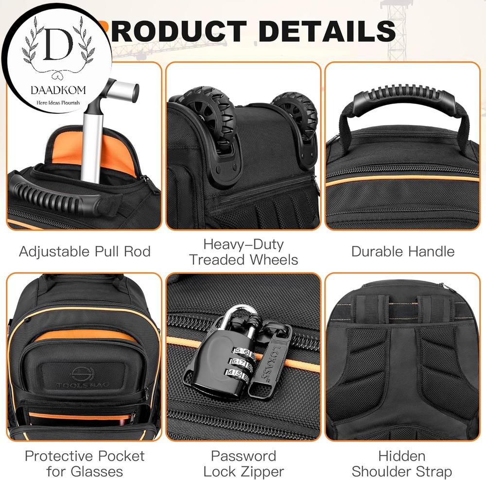 Rolling Tool Backpack with Wheels 75 Pockets & Lock for Electricians FREE SHIP
