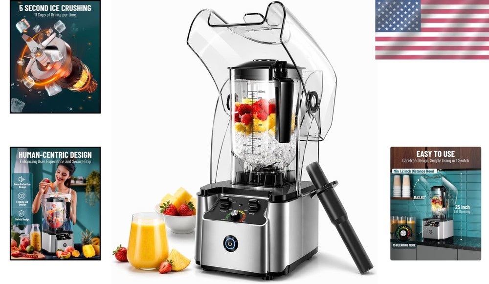 Modern 2200W Quiet Blender with Adjustable Speed - 80oz Capacity, Silver Finish