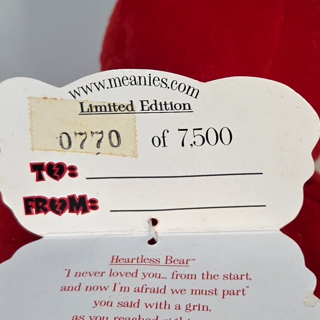 Idea Factory 1999 Meanies Valentines Red Heartless Bear Bean Bag Plush LE 7500