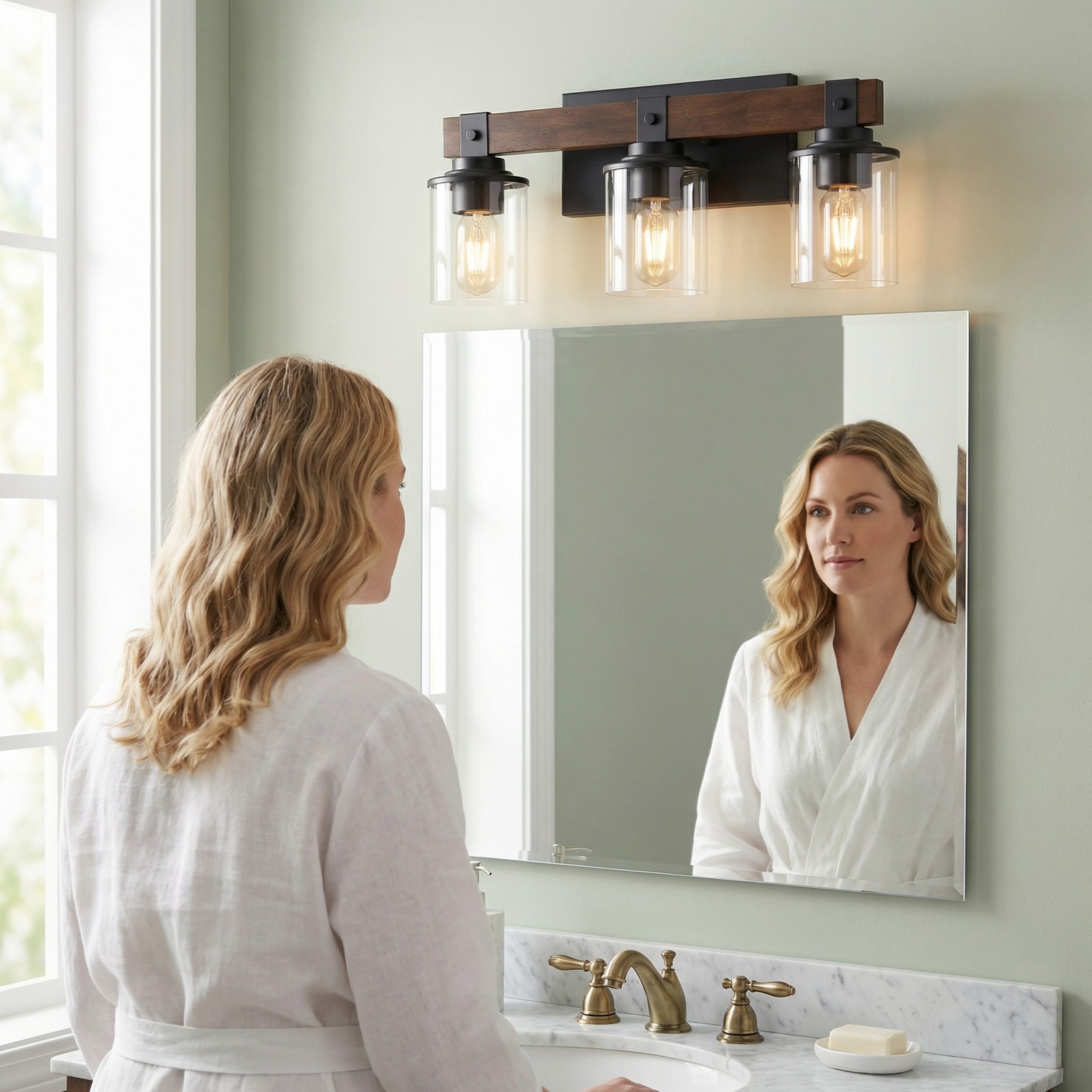 19" Vintage Vanity Light Bathroom Mirror Wall Lamp 3 Lights Rustic Wood Fixture