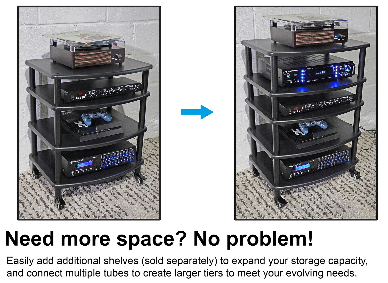 Rockville FLX BLACK Adjustable Height 4 Shelf Home Theater A/V Audio Rack Stand