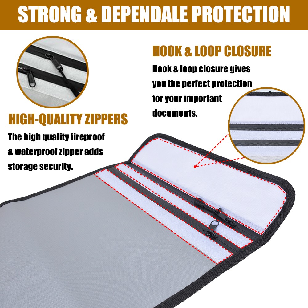 Fireproof Document Bag Waterproof File Cash Money Pouch Safe Storage with Zipper
