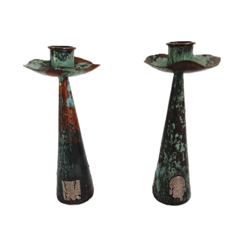 1960’s Peru Copper 7" Candle Holder Pair Inlaid Silver Incan Motif Deities Llama